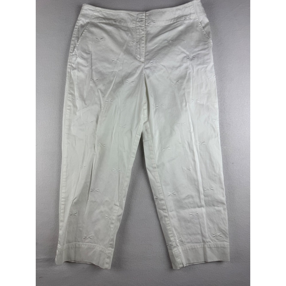 Talbots Womens White Dragonfly Embroidered Cropped Stretch Cotton Pants Size 12